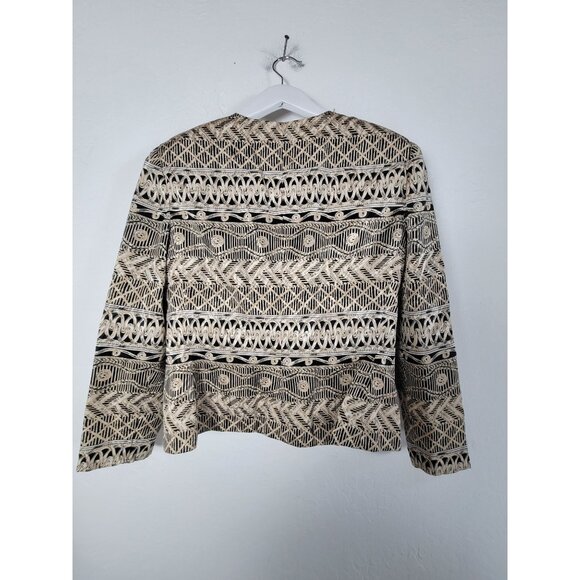 Papell Petites Womens Beige Black Geometric Pattern Button-Up Jacket Blazer 10P - Picture 2 of 8